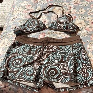 Athleta Brown Swim Bikini Top & Boardshorts with Aqua Dot Swirl